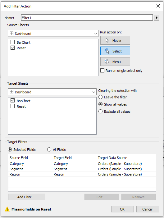 Using Actions on dashboard