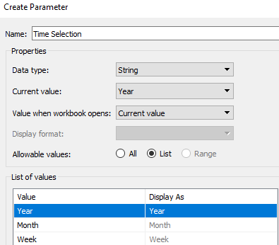 Parameter settings for Year, Month and Week