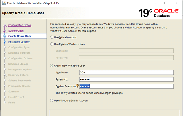 Specify Orcale Home User