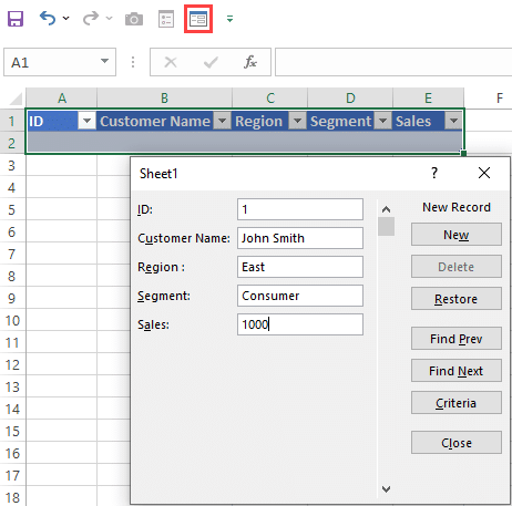 Performing data entry in Excel using forms.